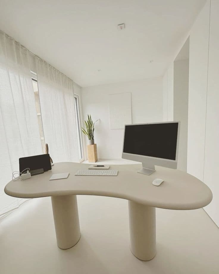 Heavy-Duty Microcement Office Flooring in Riyadh Smooth minimalist white Microcement Flooring in a modern executive office workspace, seamless Microcement Floor installation by Floroz KSA.