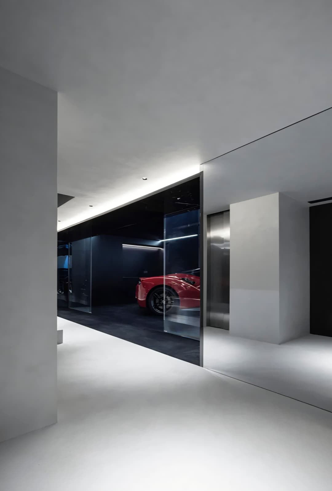 High-Performance Microcement Showroom Flooring in Dammam Polished monochrome Microcement Flooring surface highlighting a red luxury supercar in a modern showroom, seamless high-traffic installation by Floroz KSA.