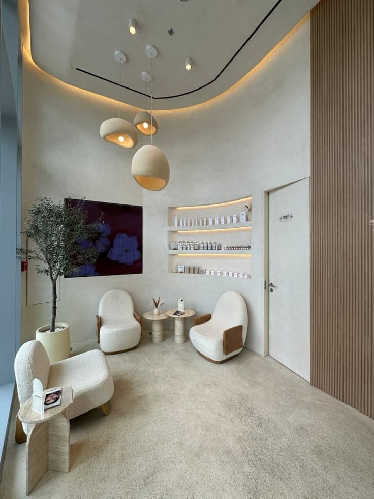 Heavy-Duty Microcement Flooring Hotel Lobbies in Medina Smooth beige matte floor texture in a sunlit waiting area featuring curved white armchairs and limewash walls, seamless heavy-duty Microcement Floor installation by Floroz KSA.