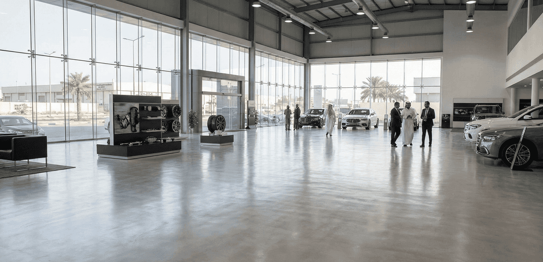 Seamless Microcement Flooring for Showrooms in Jubail Polished concrete style flooring in a spacious commercial showroom in Jubail.