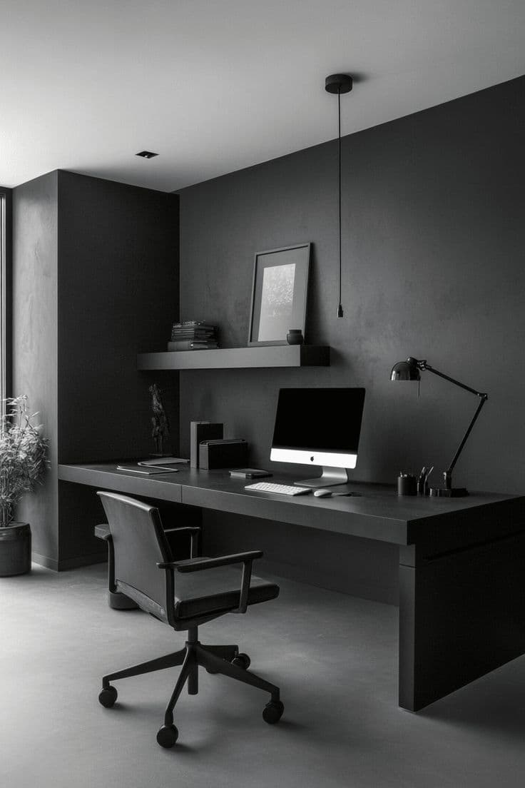 Executive Charcoal Microcement Flooring for Modern Offices Modern executive office featuring monochrome charcoal microcement flooring paired with a matching built-in floating desk and dark walls.